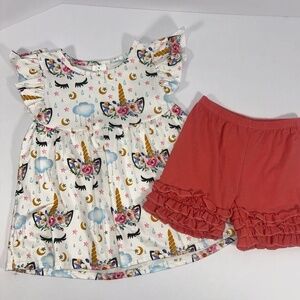 Girls 3T Medium Unicorn Ruffle Dress Shorts Set White Peach Orange Outfit